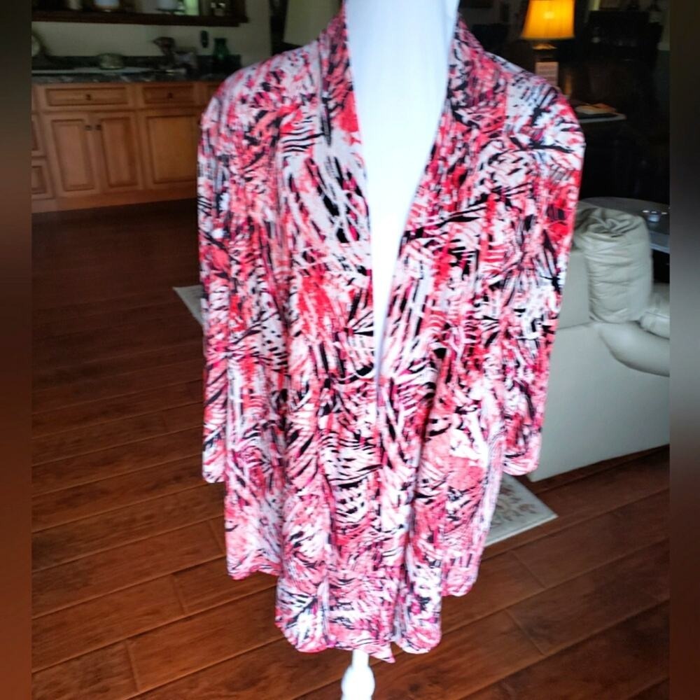N Touch Pink Black White Abstract Palm Leaf Open Front Cardigan Long Sleeve